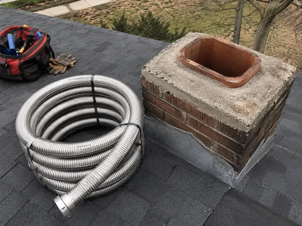 Coiled stainless steel chimney liner on a roof beside a brick chimney with a clay flue tile